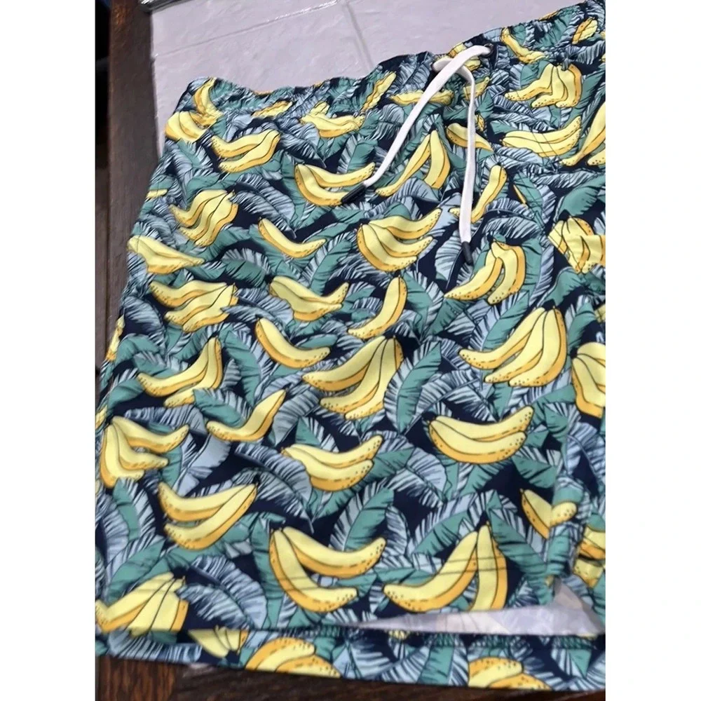 Resort Swim Trunks Mens XL Blue Banana Print  4-Way Stretch Quick Dry UPF 50